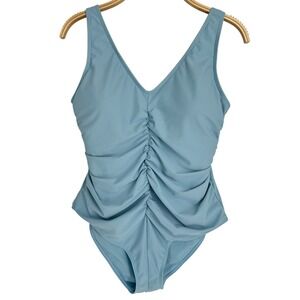 Kindred Bravely One Piece Swimsuit Large Blue Ruched Maternity Nursing‎ Swimwear
